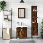 vidaXL Set mobilier de baie, 3 piese, stejar fumuriu, lemn prelucrat