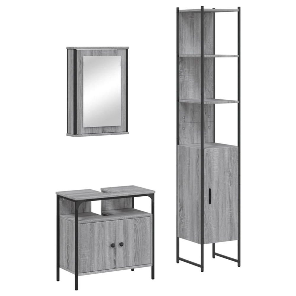 vidaXL Set mobilier de baie, 3 piese, gri sonoma, lemn prelucrat