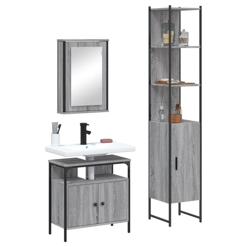 vidaXL Set mobilier de baie, 3 piese, gri sonoma, lemn prelucrat