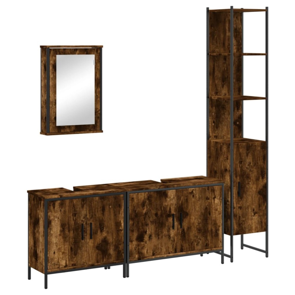 vidaXL Set mobilier de baie, 4 piese, stejar fumuriu, lemn prelucrat