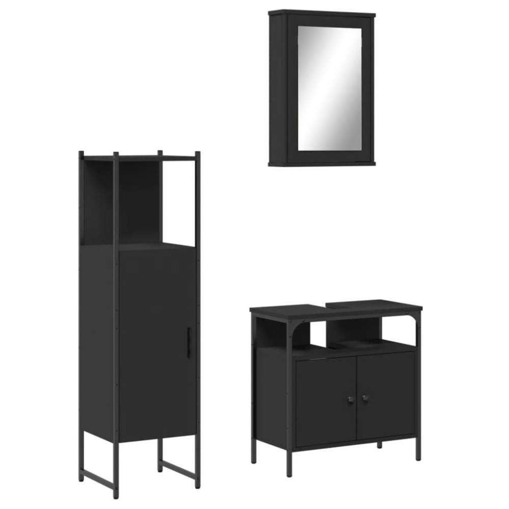vidaXL Set mobilier de baie, 3 piese, negru, lemn compozit