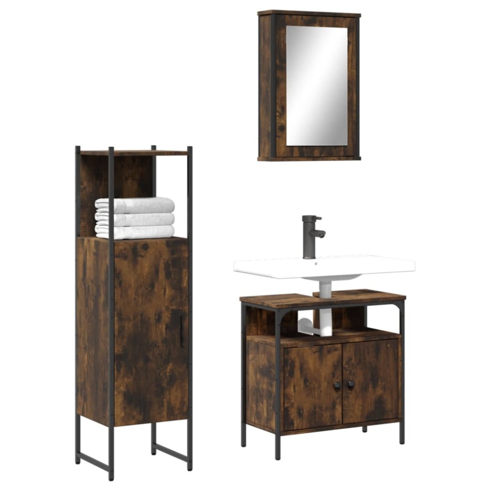 vidaXL Set mobilier de baie, 3 piese, stejar fumuriu, lemn prelucrat