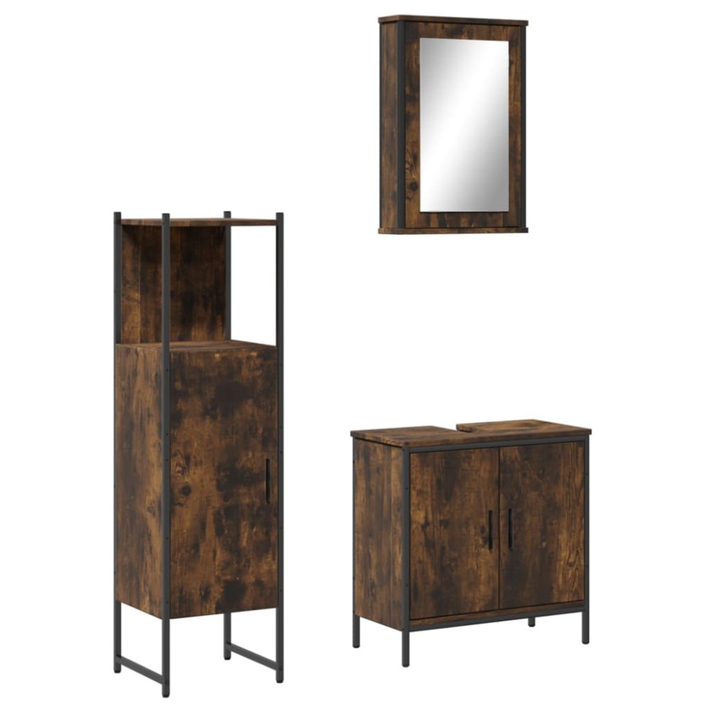 vidaXL Set mobilier de baie, 3 piese, stejar fumuriu, lemn prelucrat