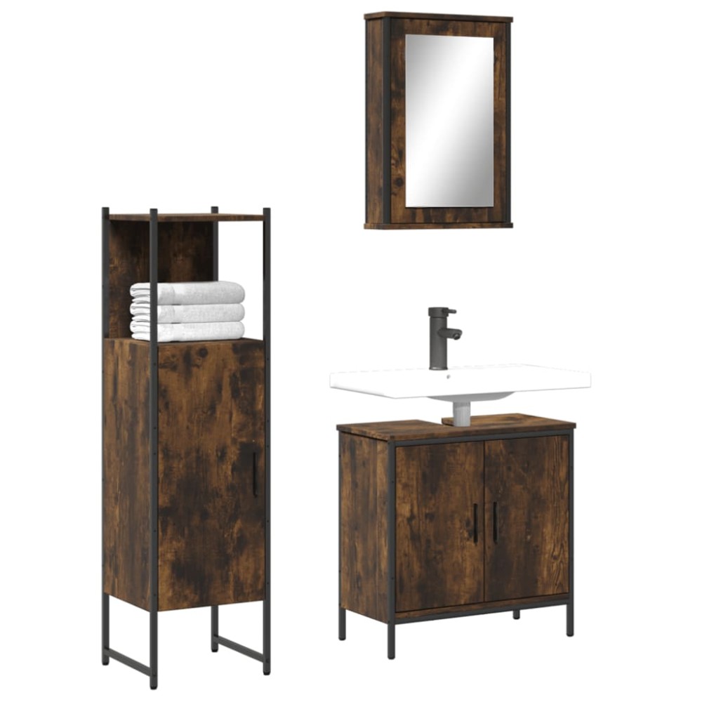 vidaXL Set mobilier de baie, 3 piese, stejar fumuriu, lemn prelucrat