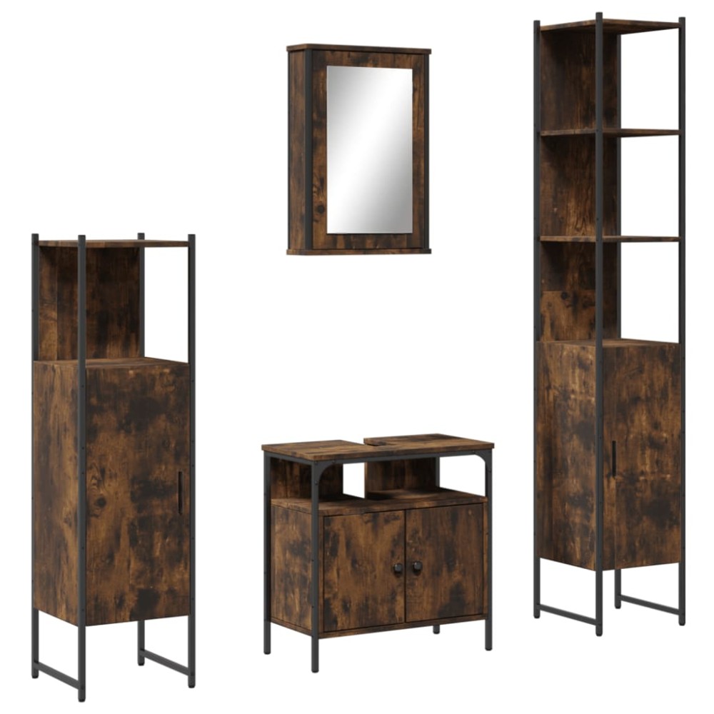 vidaXL Set mobilier de baie, 4 piese, stejar fumuriu, lemn prelucrat