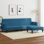 vidaXL Canapea extensibilă cu 2 locuri și taburet, albastru, catifea vidaXL Canapea extensibilă cu 2 locuri și taburet, albastru, catifea