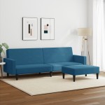 vidaXL Canapea extensibilă cu 2 locuri și taburet, albastru, catifea vidaXL Canapea extensibilă cu 2 locuri și taburet, albastru, catifea