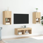 vidaXL Comode TV de perete cu lumini LED, 4 piese, stejar sonoma