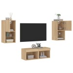 vidaXL Comode TV de perete cu lumini LED, 4 piese, stejar sonoma