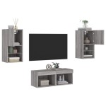 vidaXL Comode TV de perete cu lumini LED, 4 piese, gri sonoma