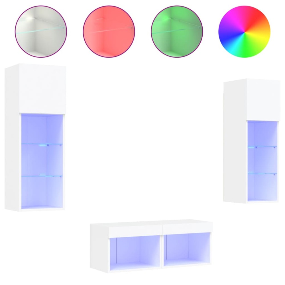 vidaXL Comode TV de perete cu lumini LED, 4 piese, alb
