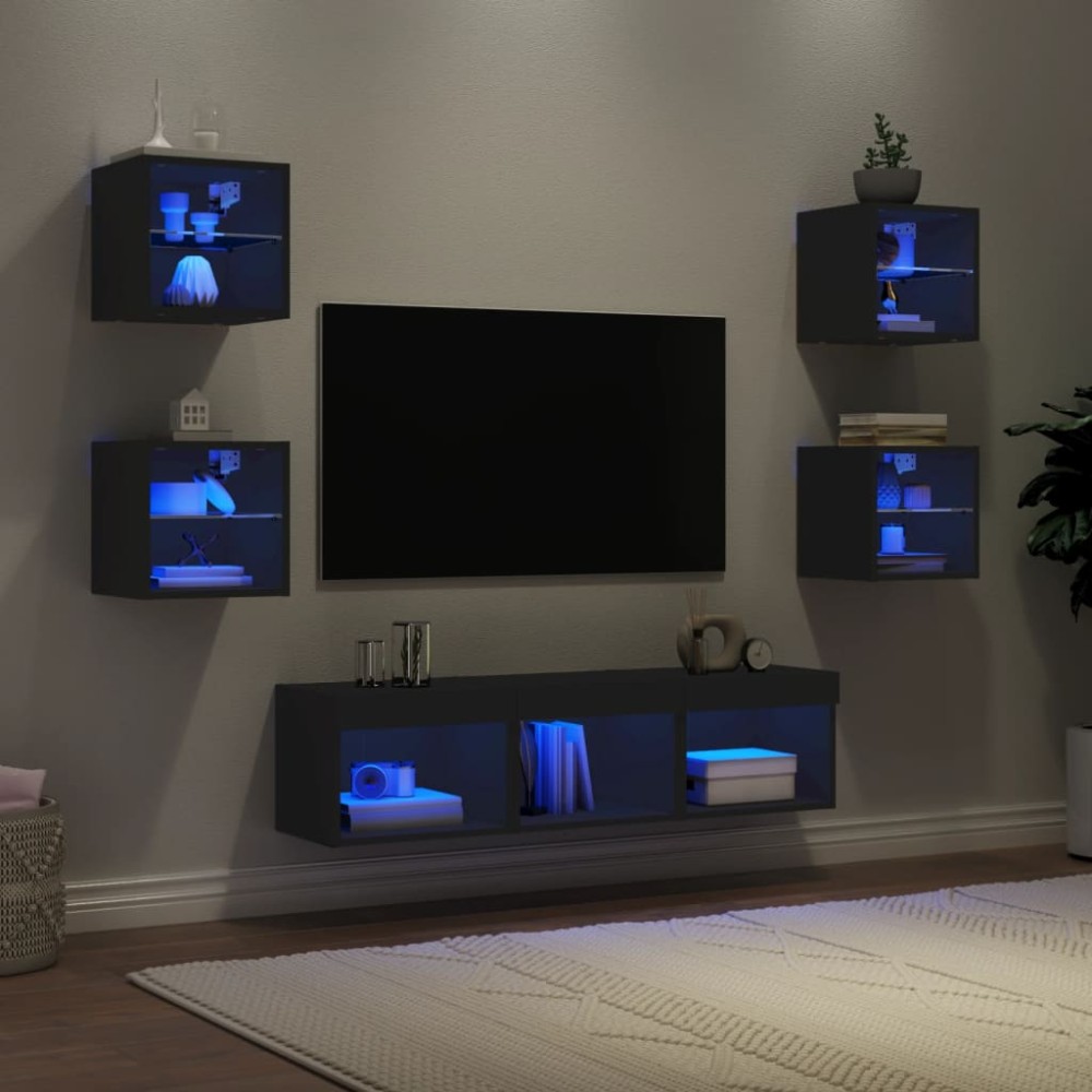 vidaXL Unități de perete TV cu LED-uri, 7 piese, negru, lemn prelucrat