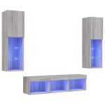 vidaXL Unități de perete TV cu LED-uri, 5 piese, gri sonoma, lemn