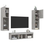 vidaXL Unități de perete TV cu LED-uri, 5 piese, gri sonoma, lemn