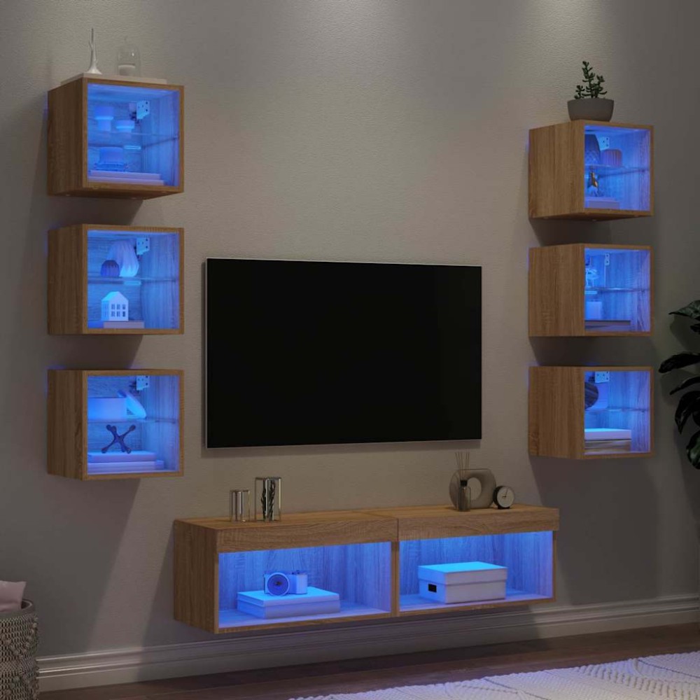 vidaXL Unități de perete TV cu LED-uri, 8 piese, stejar sonoma, lemn
