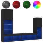 vidaXL Unități de perete TV cu LED-uri, 4 piese, negru, lemn prelucrat