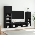 vidaXL Unități de perete TV cu LED-uri, 4 piese, negru, lemn prelucrat