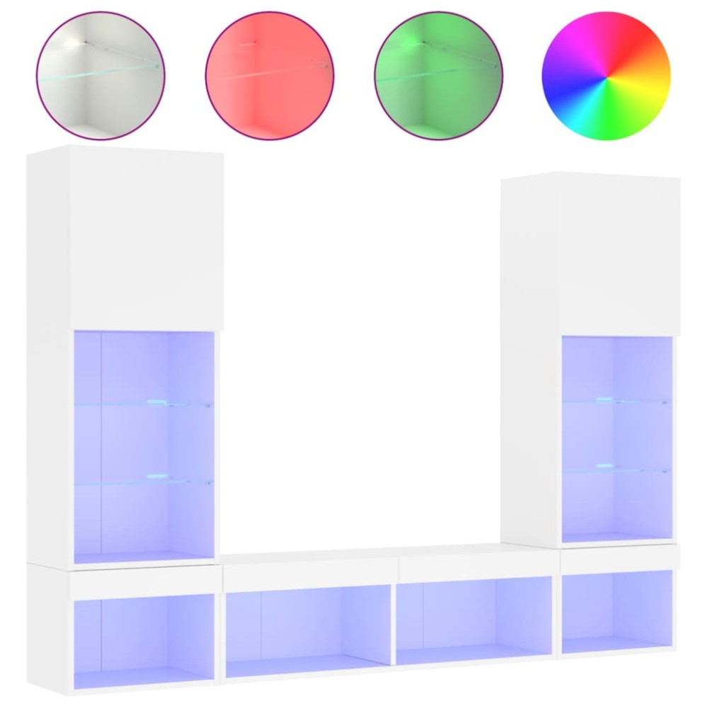 vidaXL Unități de perete TV cu LED-uri, 5 piese, alb, lemn prelucrat