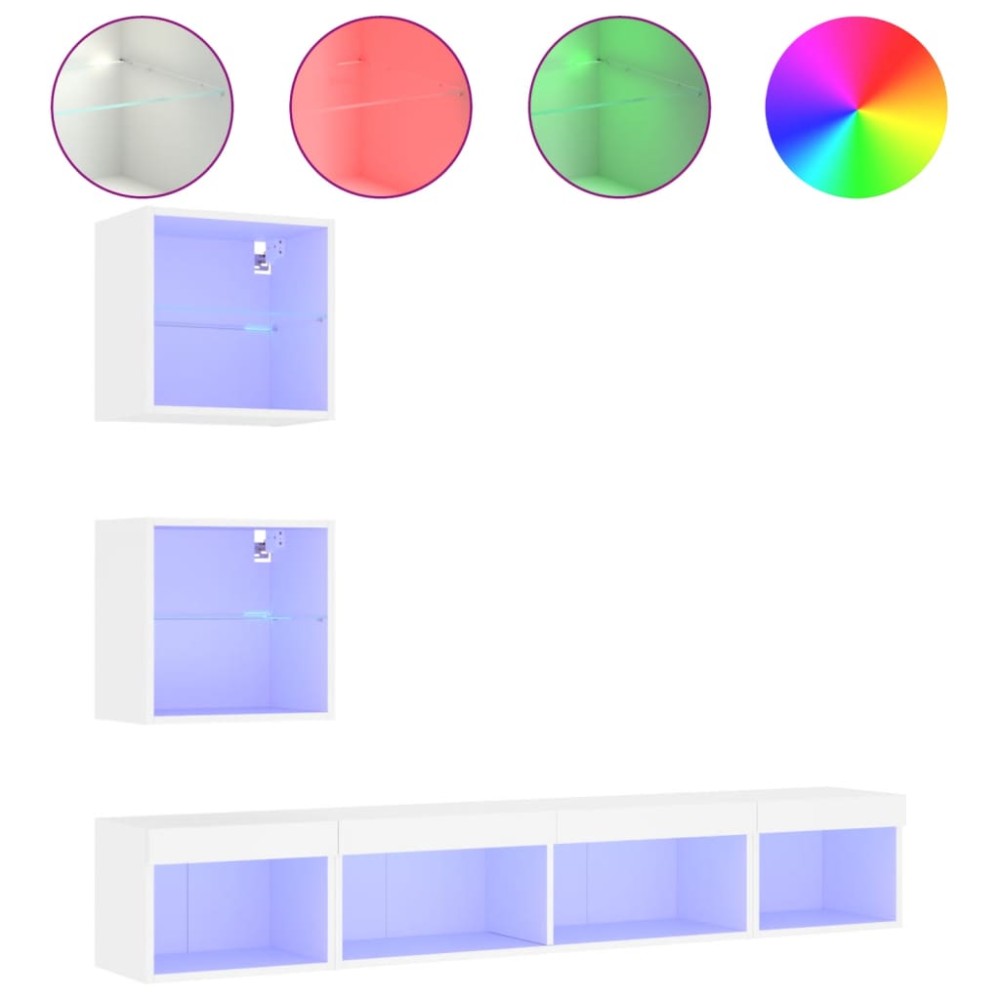 vidaXL Unități de perete TV cu LED-uri, 5 piese, alb, lemn prelucrat