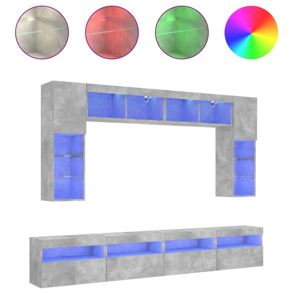 vidaXL Set comode TV de perete cu lumini LED, 8 piese, gri beton