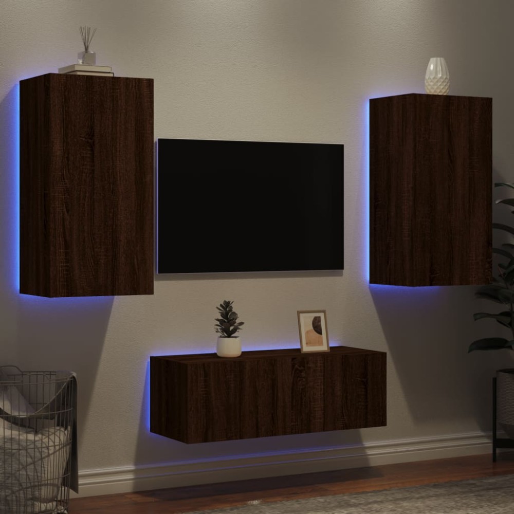 vidaXL Unități de perete TV cu LED-uri, 4 piese, stejar maro, lemn