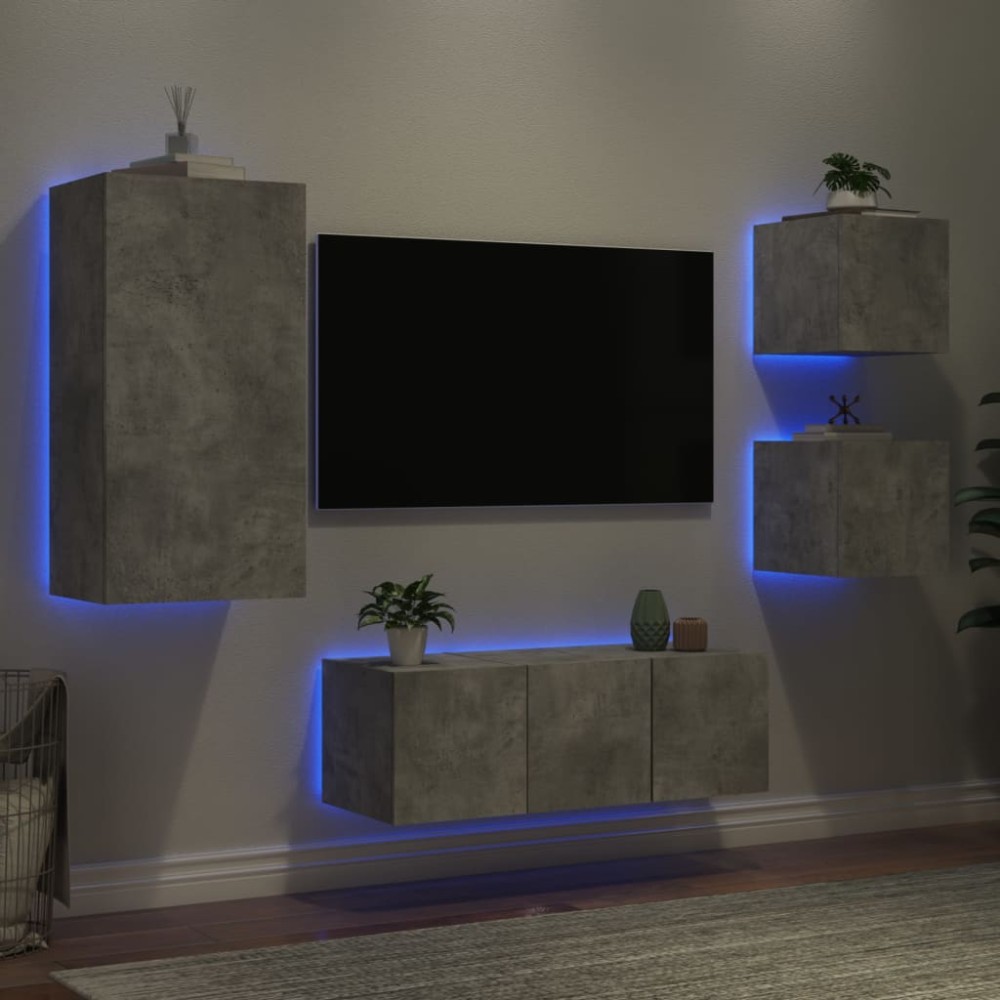 vidaXL Unități TV de perete cu LED-uri 5 piese gri beton lemn compozit