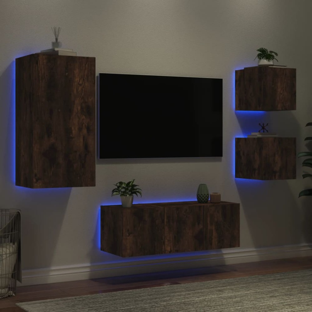 vidaXL Unități de perete TV cu LED-uri, 5 piese, stejar fumuriu, lemn