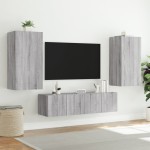 vidaXL Unități de perete TV cu LED-uri, 4 piese, gri sonoma, lemn