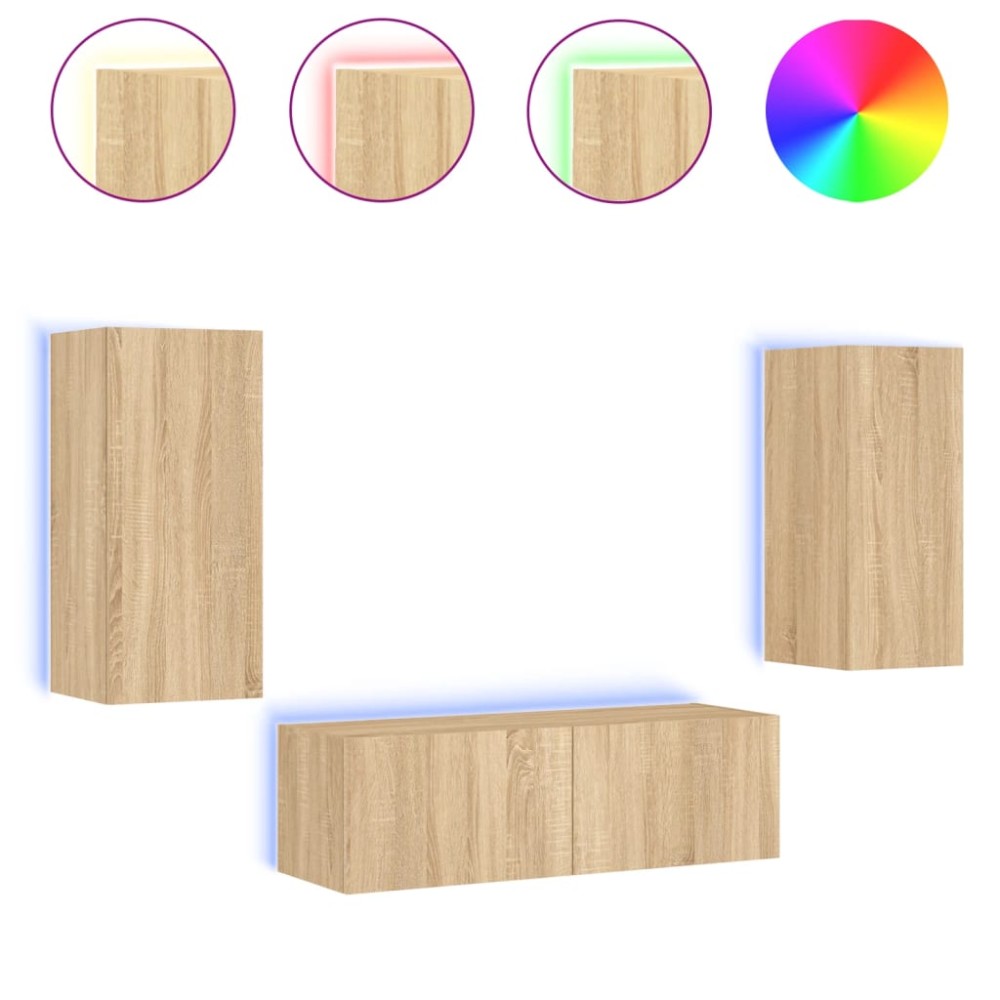vidaXL Comode TV de perete cu lumini LED, 3 piese, stejar sonoma