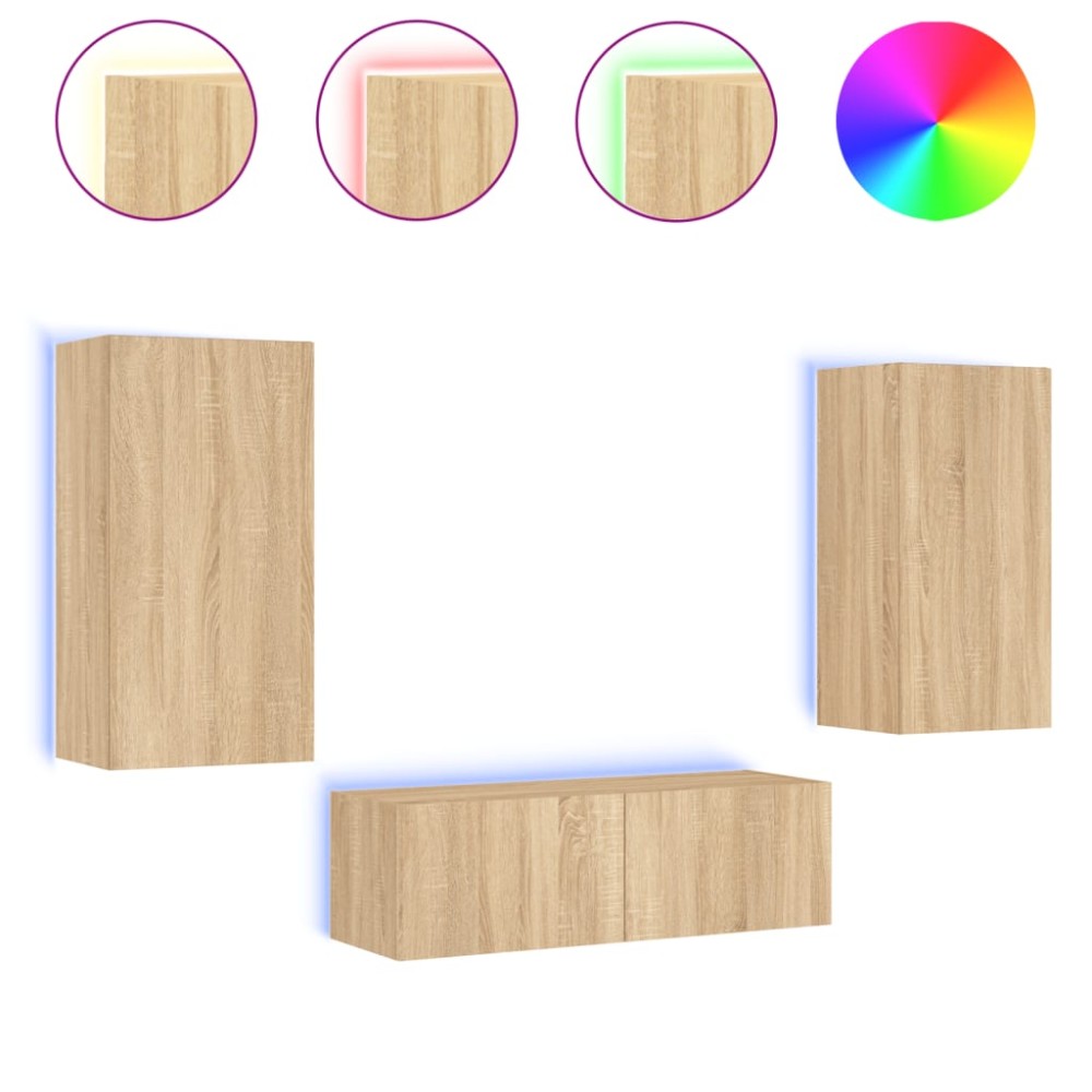 vidaXL Comode TV de perete cu lumini LED, 3 piese, stejar sonoma