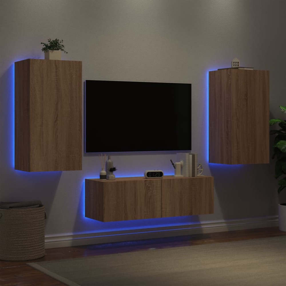 vidaXL Comode TV de perete cu lumini LED, 3 piese, stejar sonoma