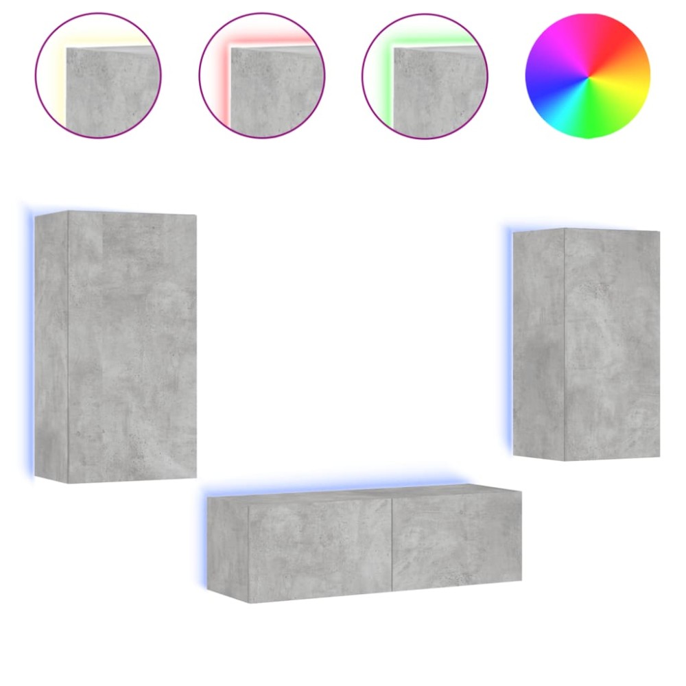 vidaXL Comode TV de perete cu lumini LED, 3 piese, gri beton