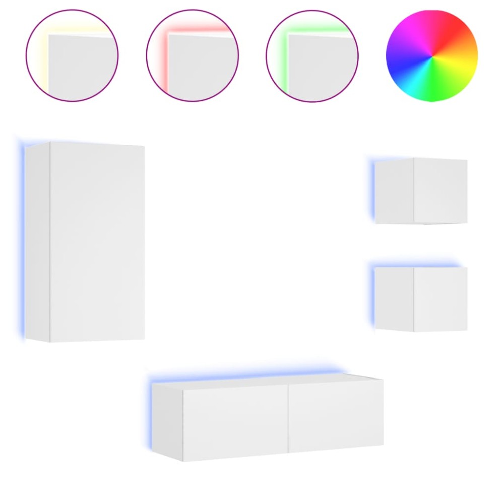 vidaXL Comode TV de perete cu lumini LED, 4 piese, alb