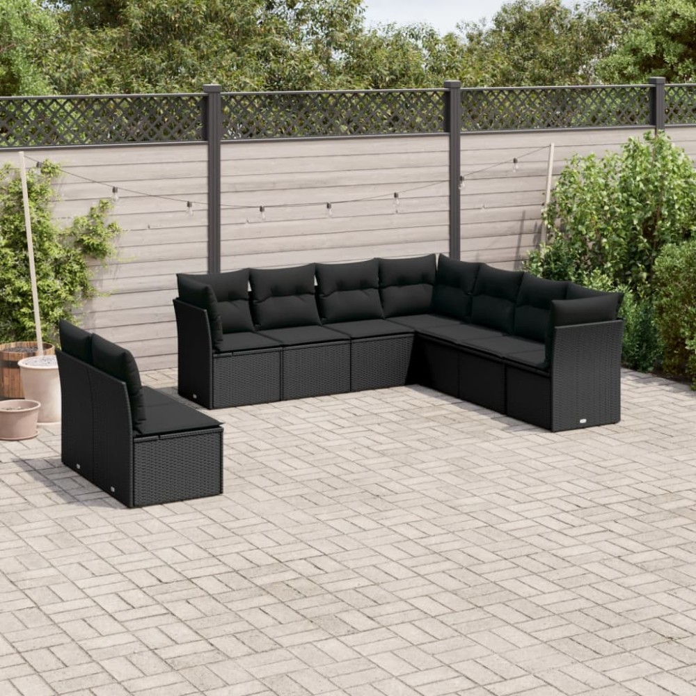 vidaXL Set mobilier de grădină cu perne, 9 piese, negru, poliratan