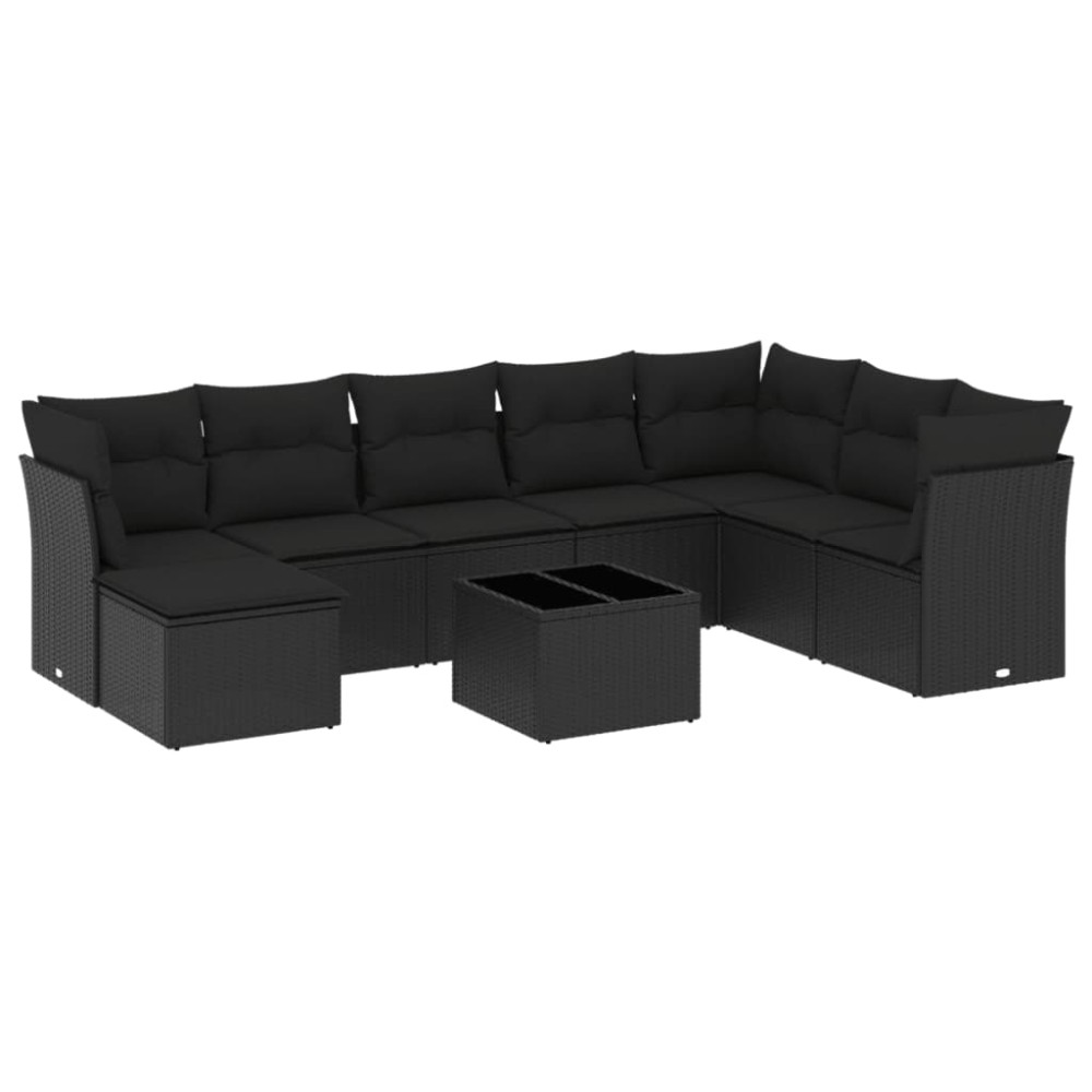 vidaXL Set mobilier de grădină cu perne, 9 piese, negru, poliratan