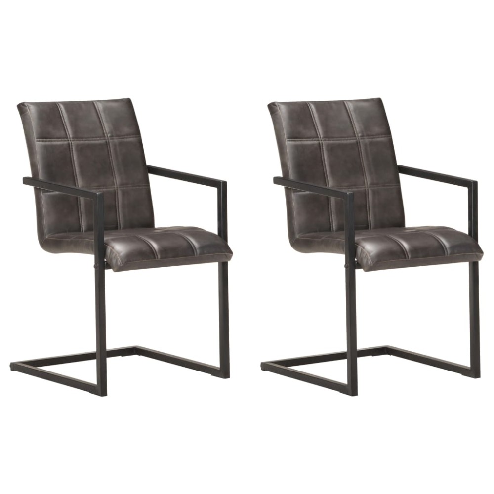 vidaXL Scaune de bucătărie cantilever, 2 buc., gri, piele naturală