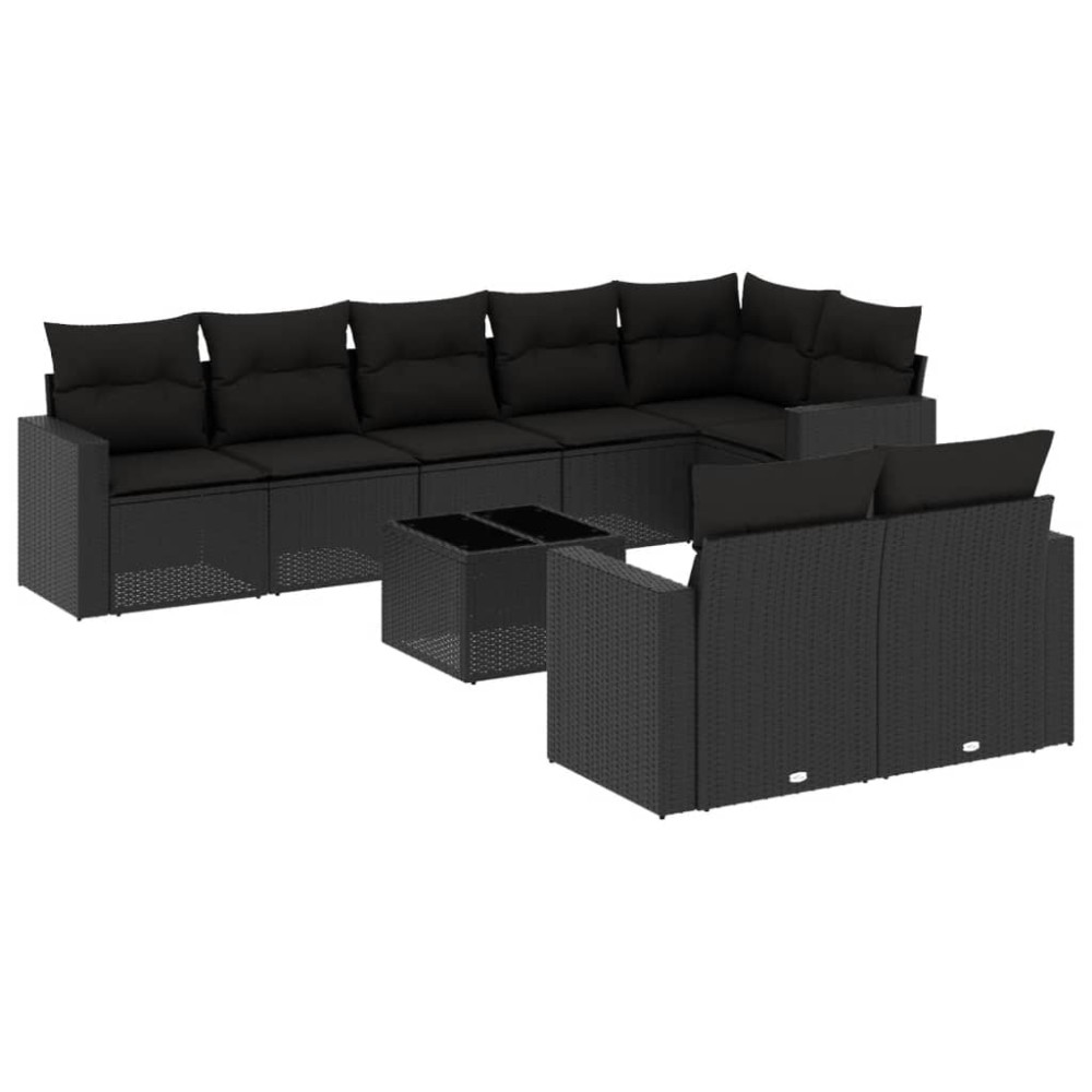vidaXL Set mobilier de grădină cu perne, 9 piese, negru, poliratan