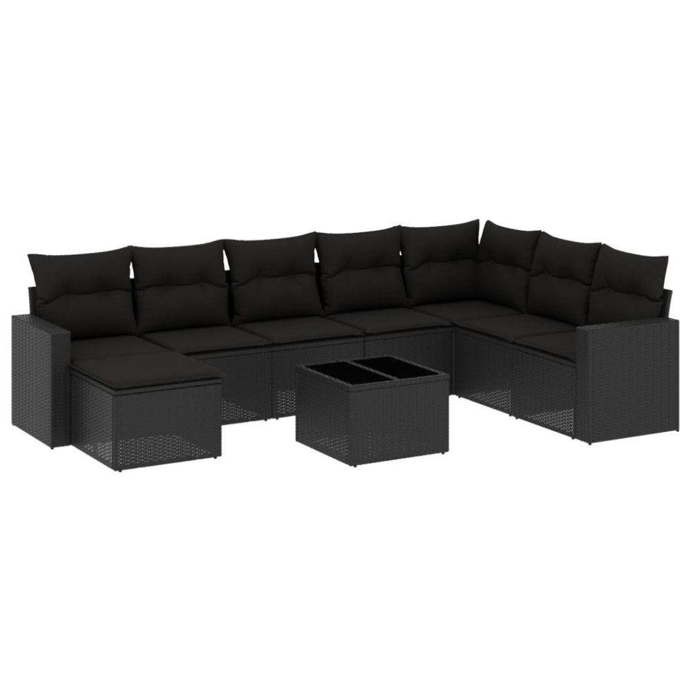 vidaXL Set mobilier de grădină cu perne, 9 piese, negru, poliratan
