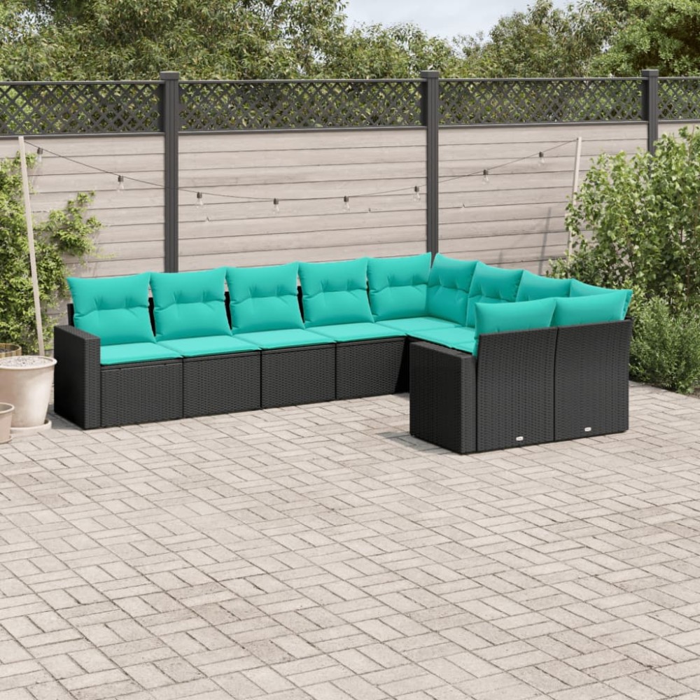 vidaXL Set mobilier de grădină cu perne, 9 piese, negru, poliratan
