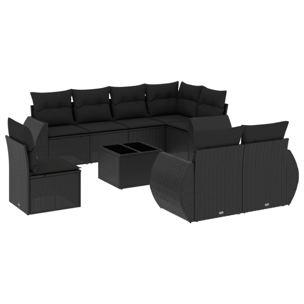 vidaXL Set mobilier de grădină cu perne, 9 piese, negru, poliratan
