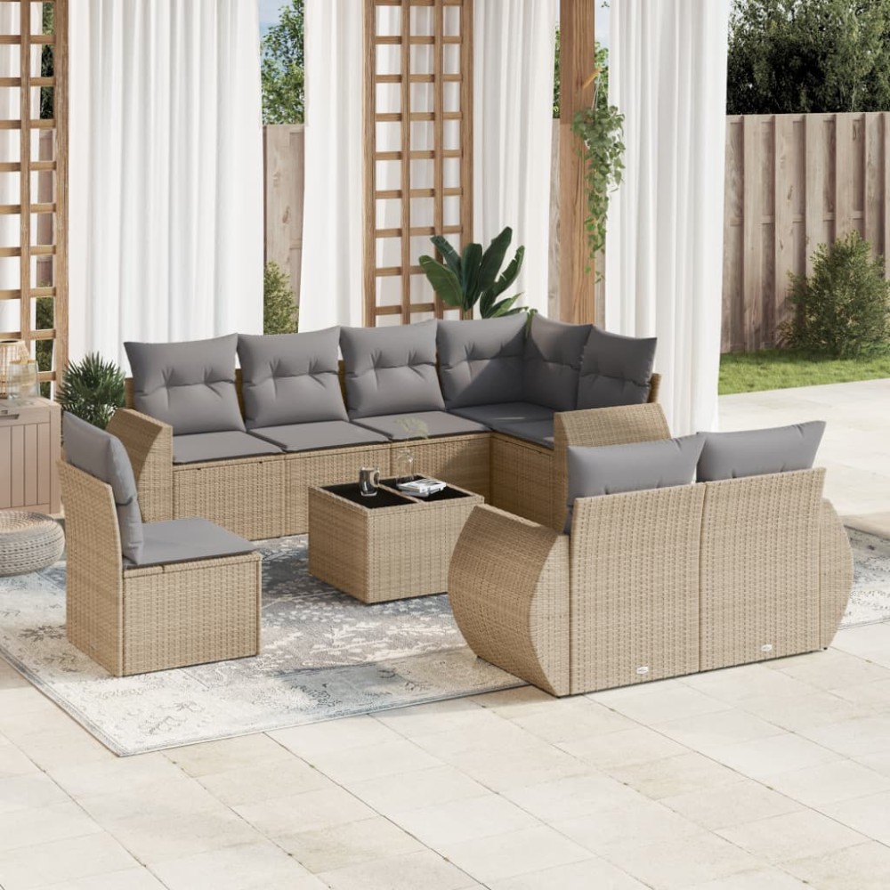 vidaXL Set canapele de grădină, 9 piese, cu perne, bej, poliratan