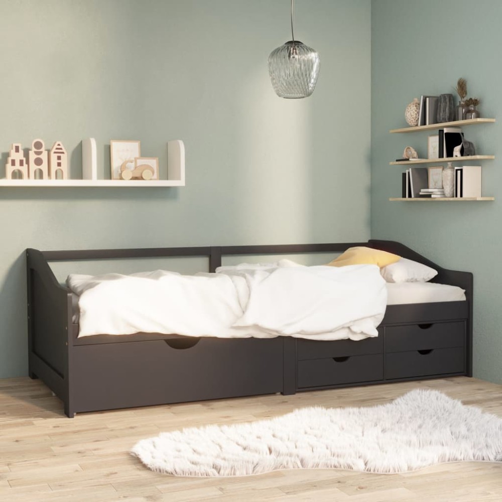 vidaXL Pat de zi cu 3 locuri cu sertare, gri, 90x200 cm lemn masiv pin