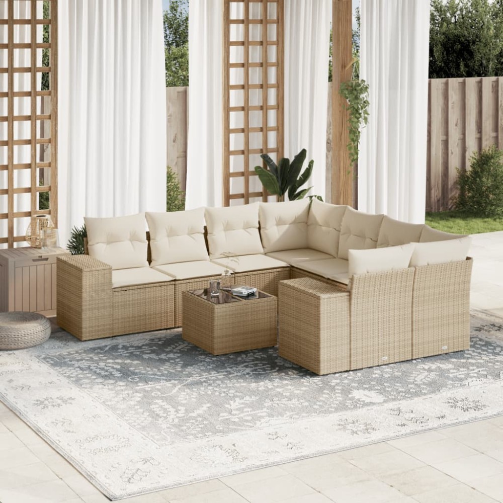 vidaXL Set canapele de grădină, 9 piese, cu perne, bej, poliratan