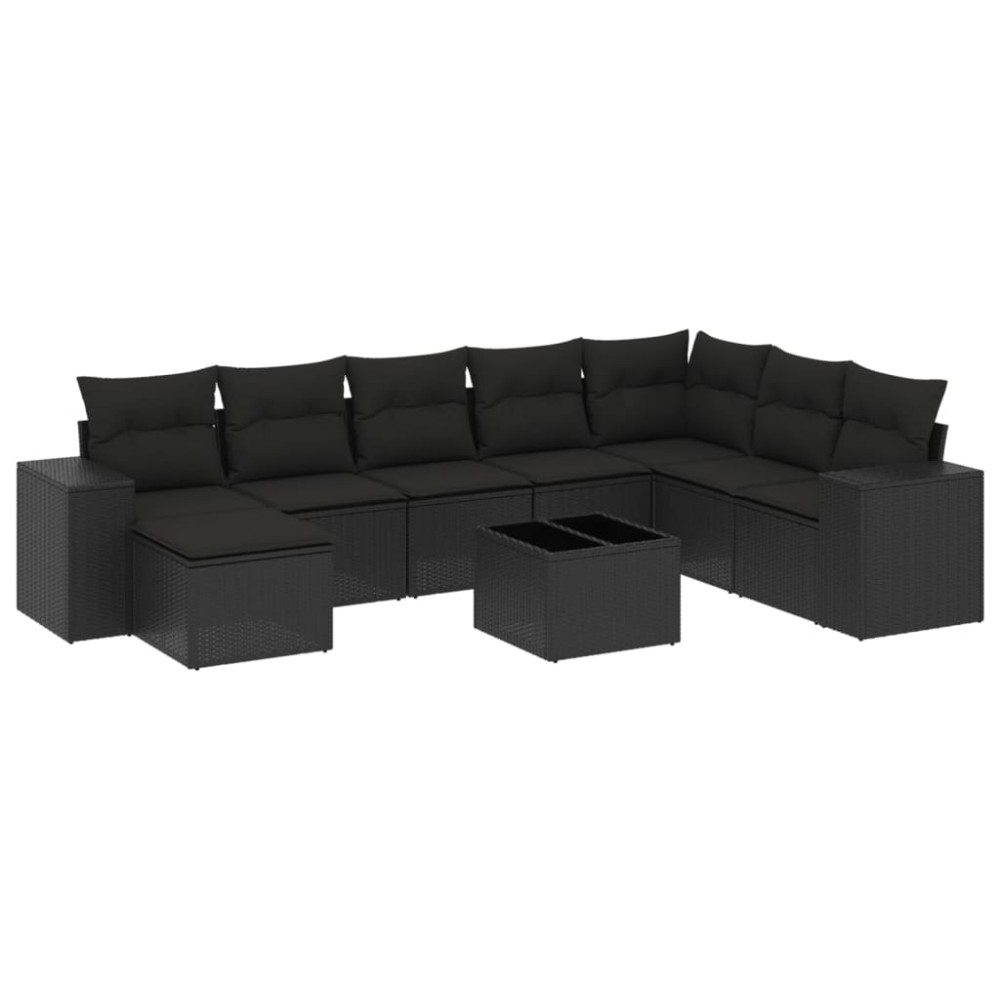 vidaXL Set mobilier de grădină cu perne, 9 piese, negru, poliratan