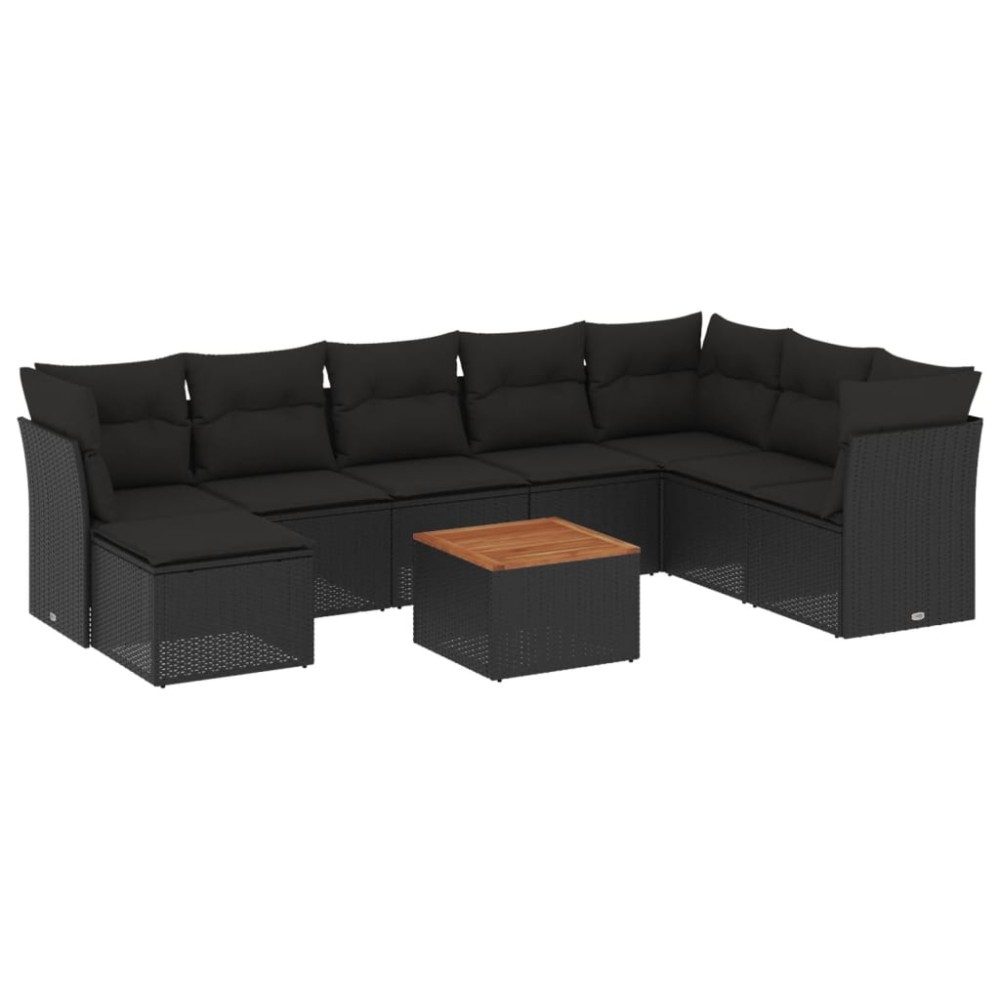vidaXL Set mobilier de grădină cu perne, 9 piese, negru, poliratan