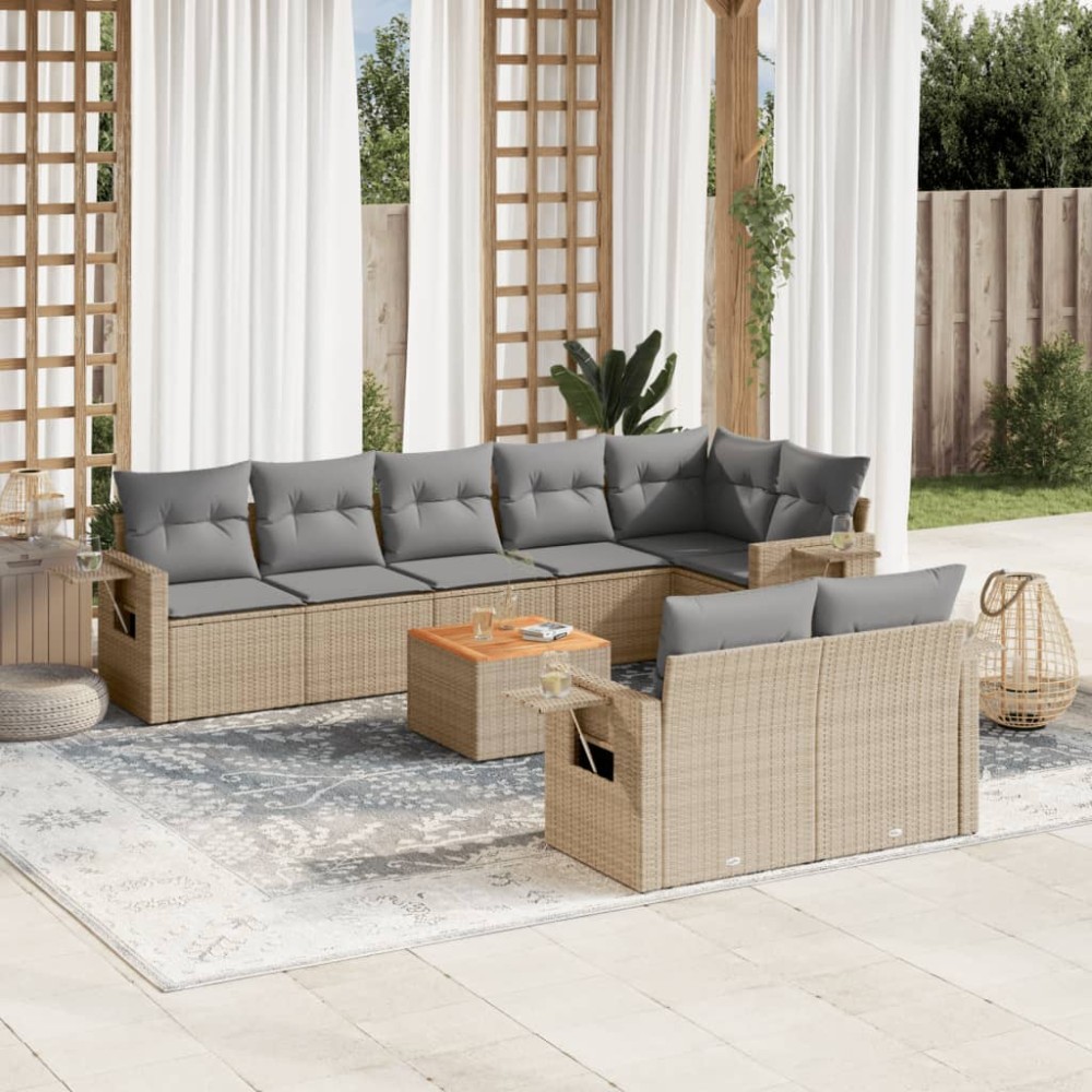 vidaXL Set canapele de grădină, 9 piese, cu perne, bej, poliratan