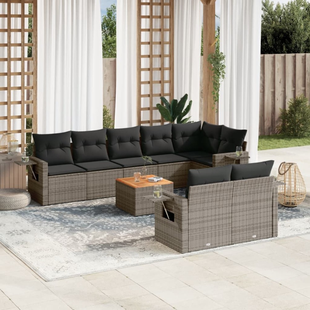vidaXL Set canapele de grădină, 9 piese, cu perne, gri, poliratan