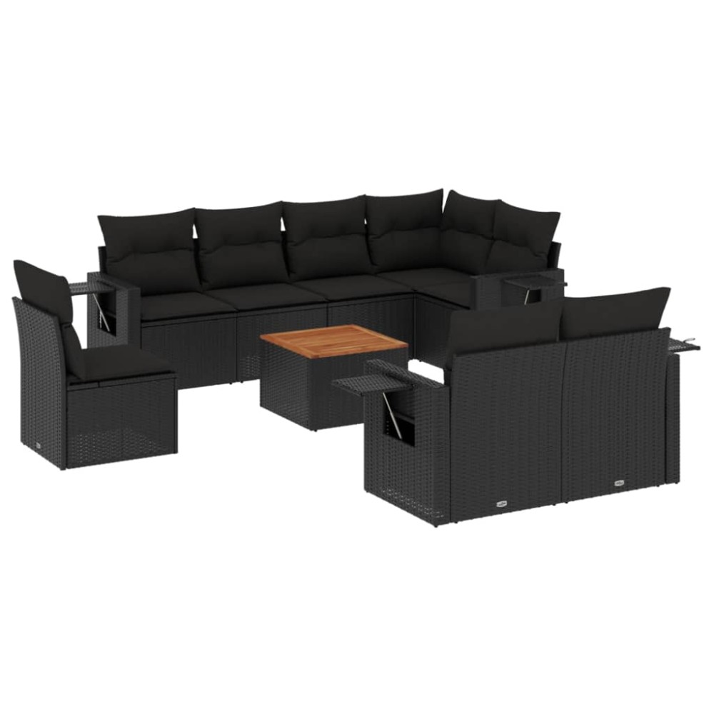 vidaXL Set mobilier de grădină cu perne, 9 piese, negru, poliratan