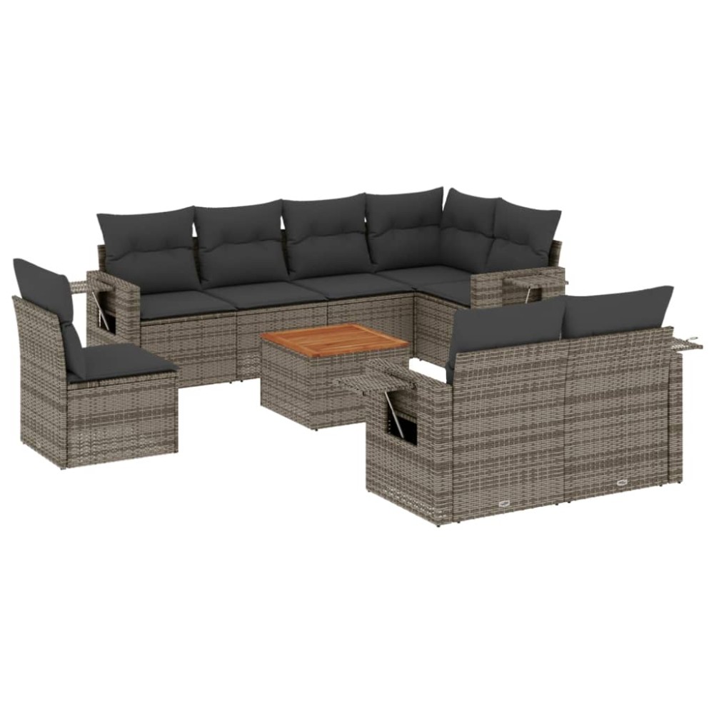 vidaXL Set canapele de grădină, 9 piese, cu perne, gri, poliratan