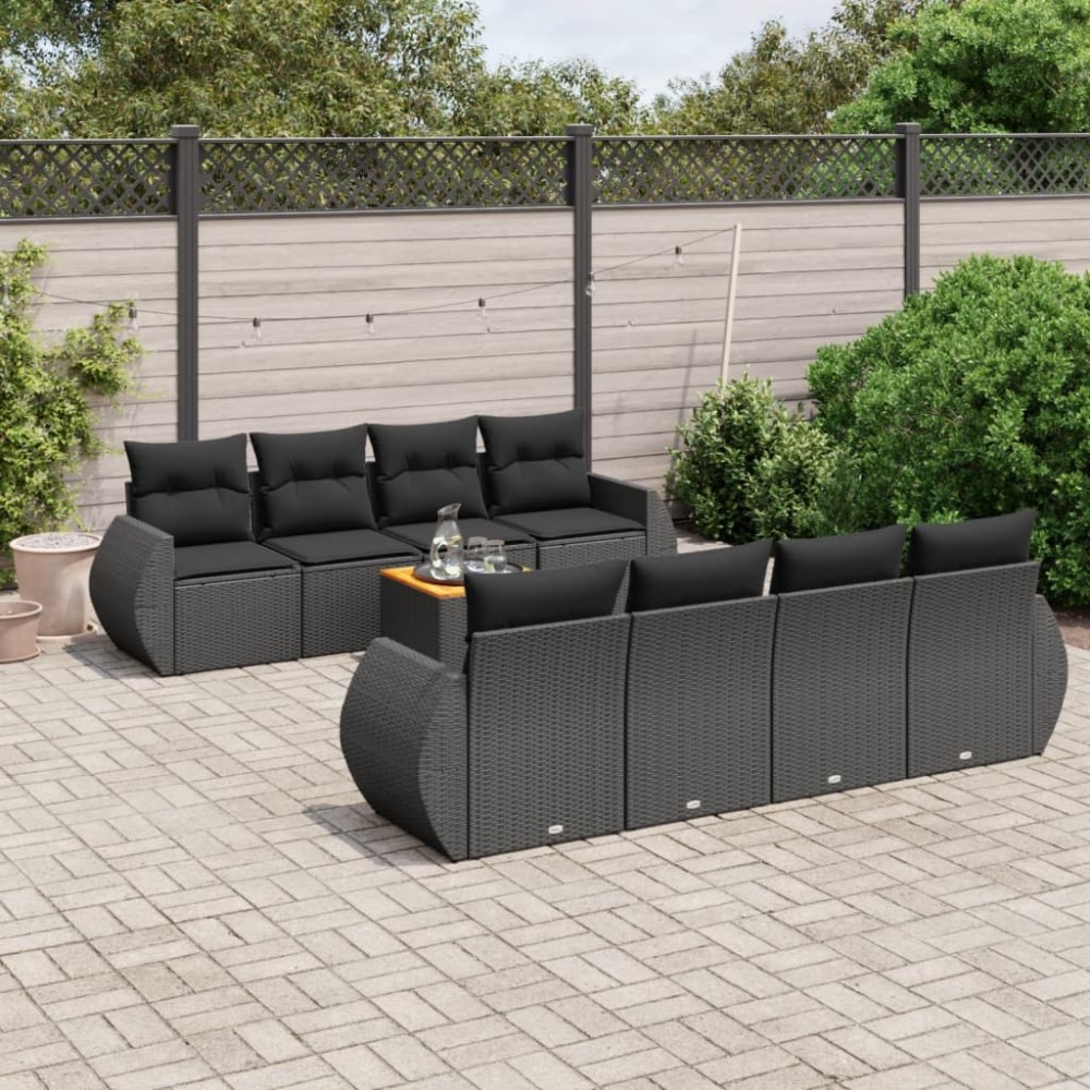 vidaXL Set mobilier de grădină cu perne, 9 piese, negru, poliratan